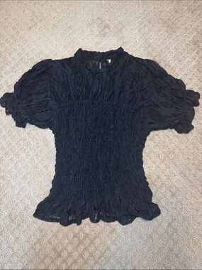 Free People Black Smocked Puff Sleeve Blouse